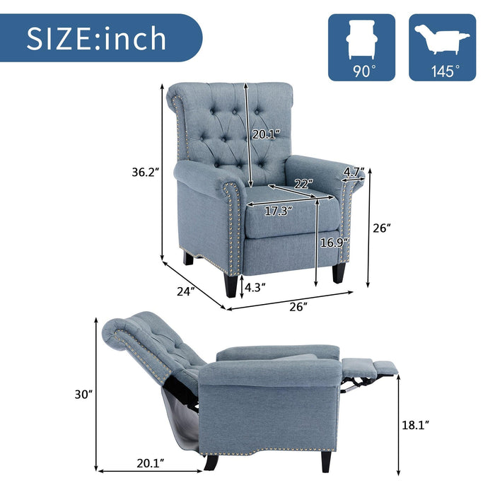 Pushback Linen Tufted Recliner Single Sofa with Nailheads Roll Arm for Living Room, Bedroom, Office, Blue