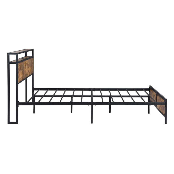 Industrial Queen Bed Frame with LED Lights and 2 USB Ports, Bed Frame Queen Size withStorage, Noise Free, No Box Spring Needed, Rustic Brown