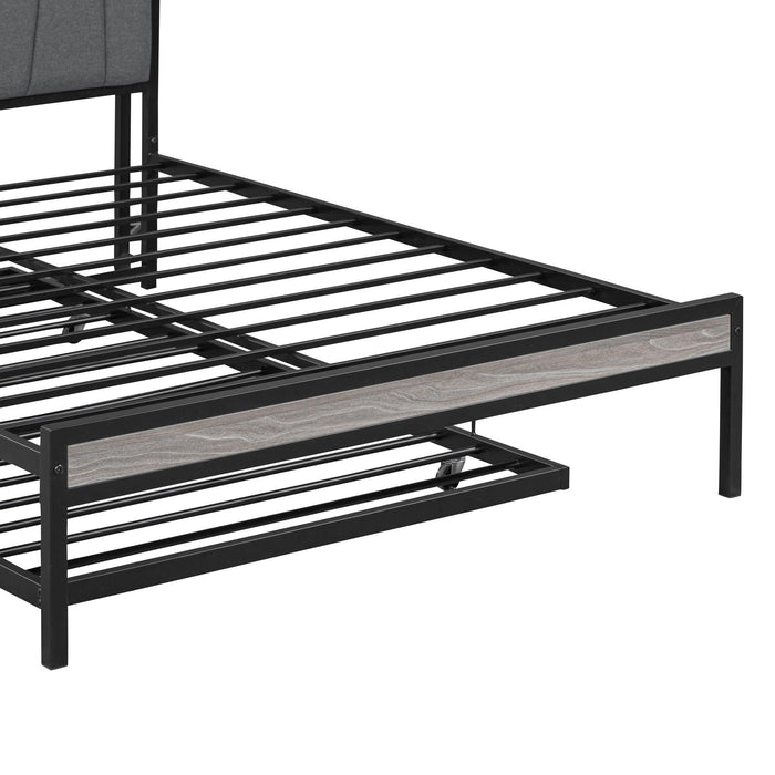 Full Size Metal Platform Bed Frame with Twin size trundle, Upholstered headboard ，Sockets, USB Ports and Slat Support ,No Box Spring Needed，Black