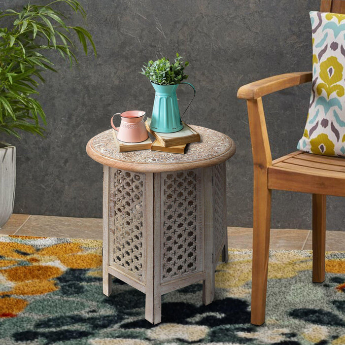 Mesh Cut Out Carved ManWood Octagonal Folding Table with Round Top, Antique White and Brown