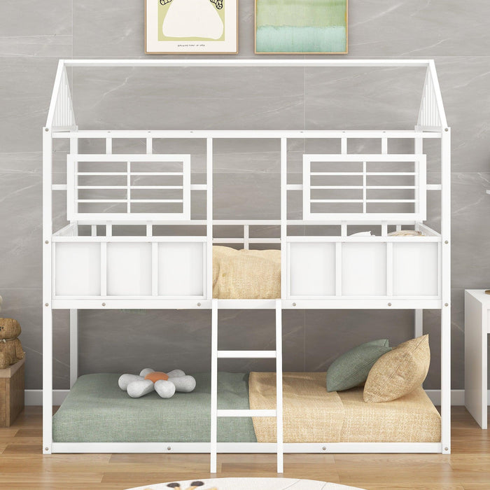 Twin over Twin Size Metal Low Bunk Beds with Roof and Fence-shaped Guardrail, White