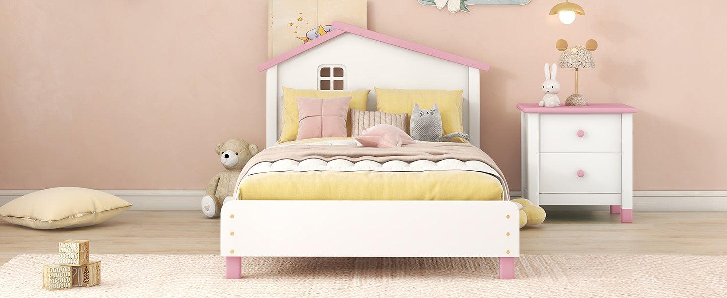 Twin Size Wood Platform Bed with House-shaped Headboard  (White+Pink)