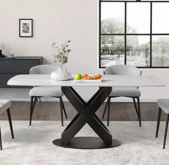 Modern Dining Table, Sintered Stone Tabletop Dining Room Table for 6-7, Solid Black Carbon Steel Base, 63"