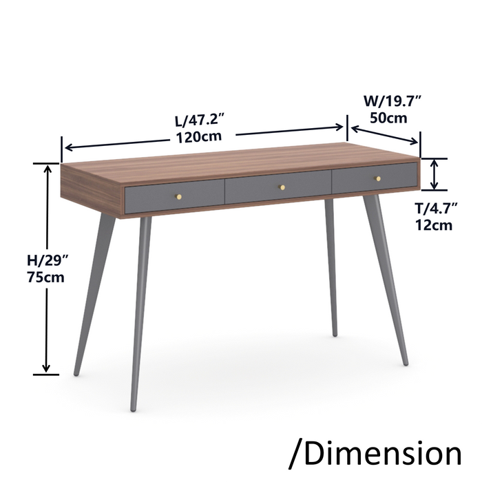 Update Writing Desk 47" with 3 Drawers|Modern Mid Century Desk for Home Office (Walnut + Dark Grey)