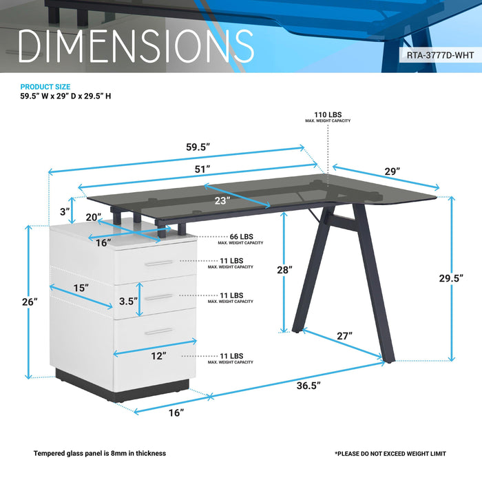 Techni MobiliModern Home Office Computer Desk with smoke tempered glass top &Storage - White