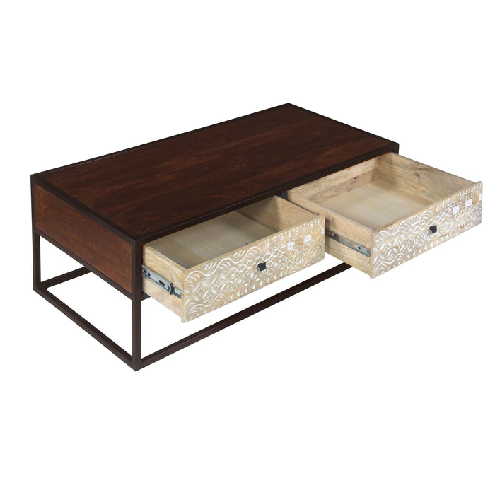 45 Inch Carson Rectangular ManWood Coffee Table with Metal Frame and 2 Drawers, Brown and Black