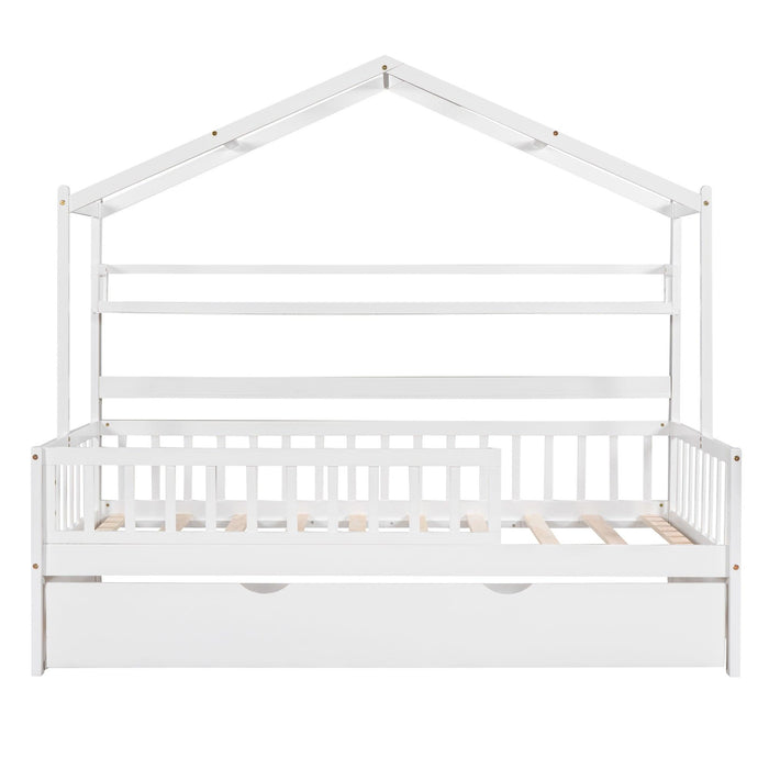 Wooden Twin Size House Bed with Trundle,Kids Bed with Shelf, White