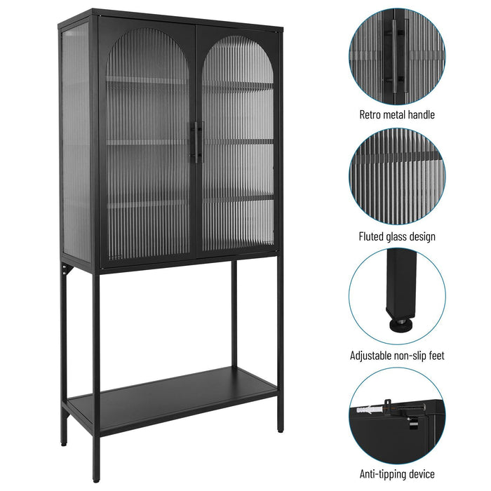 Stylish Tempered Glass TallStorage Cabinet with 2 Arched Doors Adjustable Shelves and open bottom shelf ,Feet Anti-Tip Dust-free Fluted Glass Kitchen Credenza Black Color