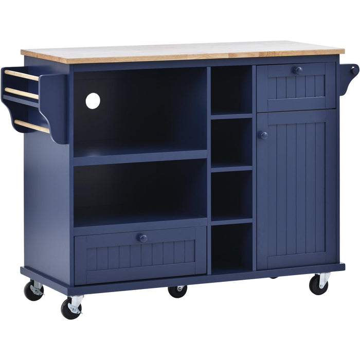 Kitchen Island Cart withStorage Cabinet and Two Locking Wheels,Solid wood desktop,Microwave cabinet,Floor Standing Buffet Server Sideboard for Kitchen Room,Dining Room,, Bathroom（Dark blue）