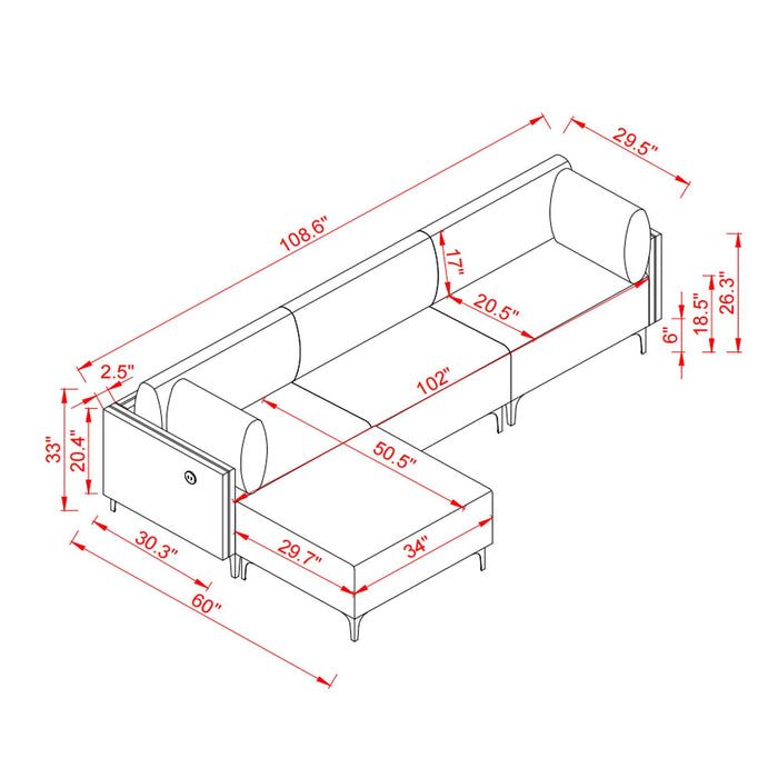 L Shape Sectional Sofa with USB Beige Fabric