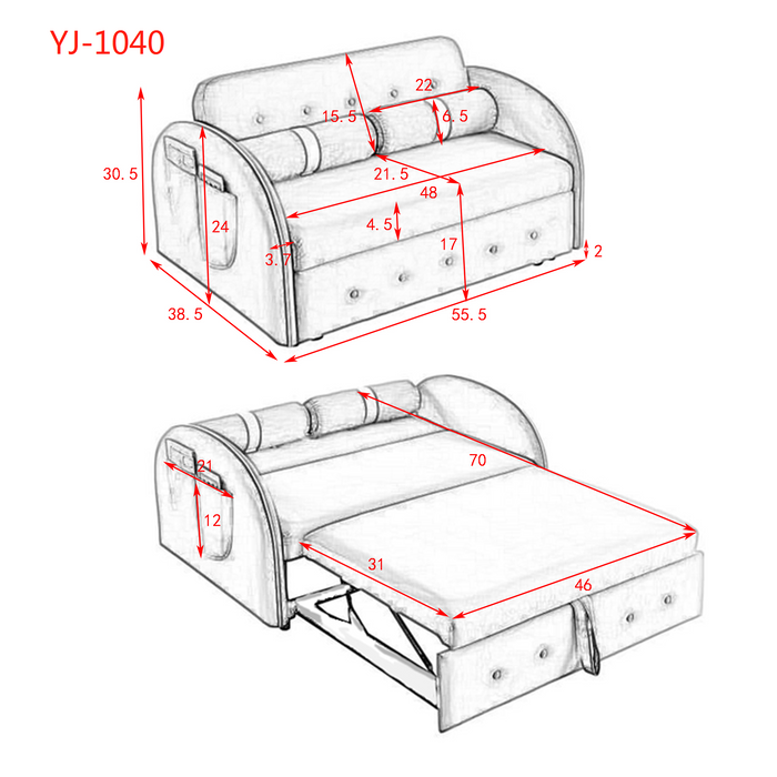 Modern 55.5" Pull Out Sleep Sofa Bed 2 Seater Loveseats Sofa Couch with side pockets, Adjsutable Backrest and Lumbar Pillows for Apartment Office Living Room