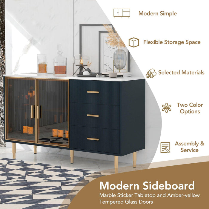 Modern Sideboard MDF Buffet Cabinet Marble Sticker Tabletop and Amber-yellow Tempered Glass Doors with Gold Metal Legs & Handles (Navy Blue)