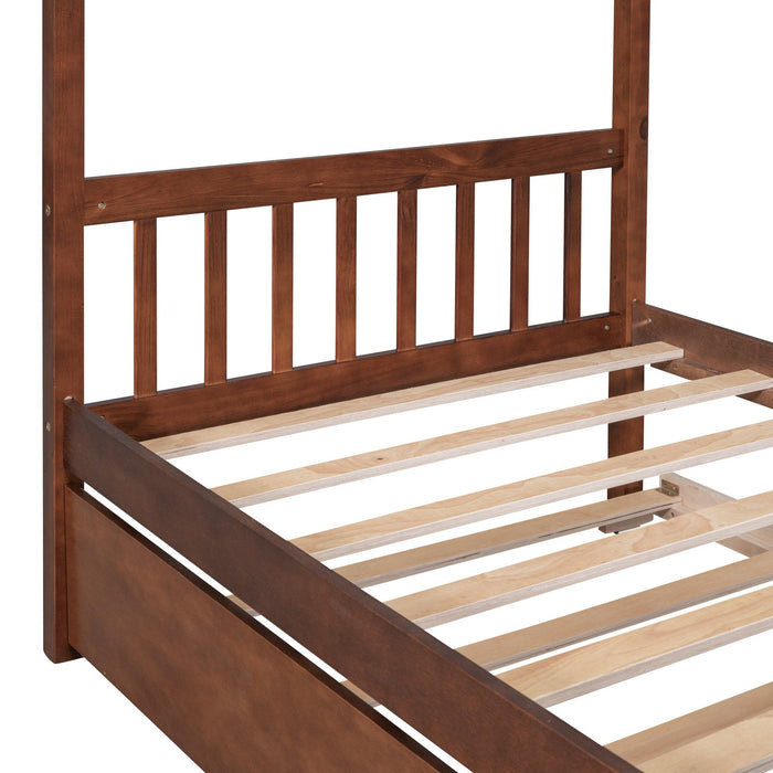 Twin Size Wooden House Bed with Twin Size Trundle, Walnut