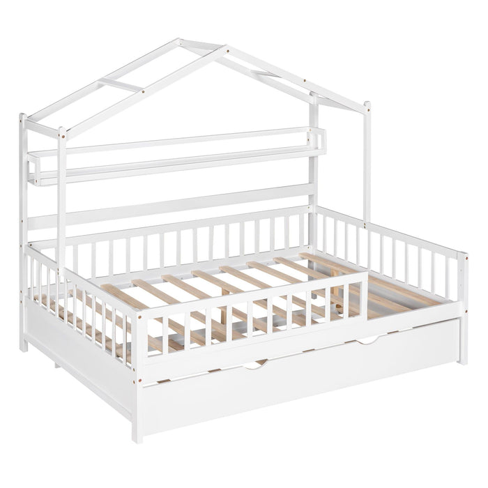 Wooden Full Size House Bed with Twin Size Trundle,Kids Bed with Shelf, White