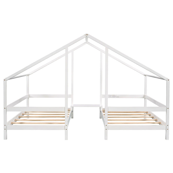 Double Twin Size Triangular House Beds with Built-in Table,White