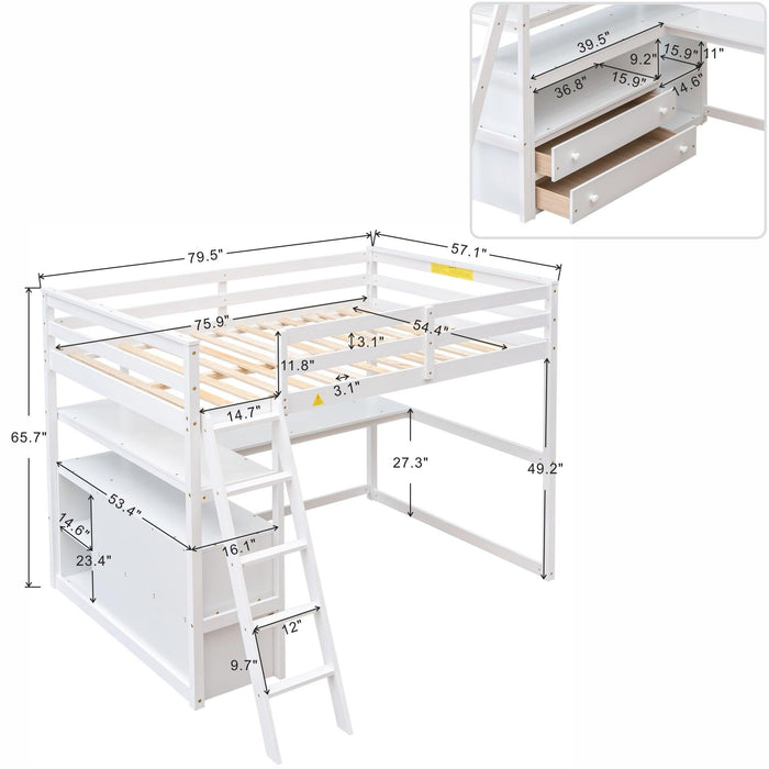 Full Size Loft Bed with Desk and Shelves,Two Built-in Drawers,White