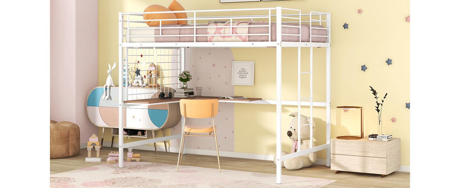 Full Metal Loft Bed with Desk and Metal Grid, White