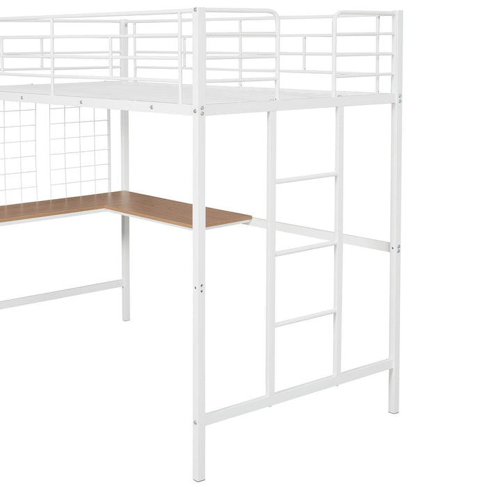 Twin Metal Loft Bed with Desk and Metal Grid,White