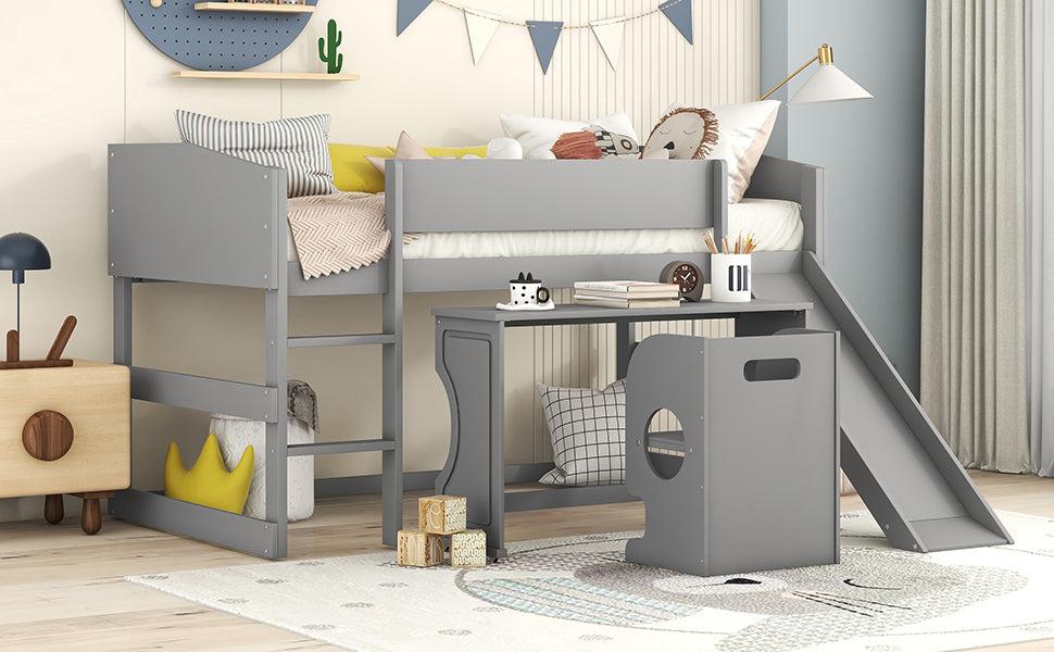 Low Study Twin Loft Bed with Rolling Portable Desk and Chair,Multiple Functions Bed- Gray