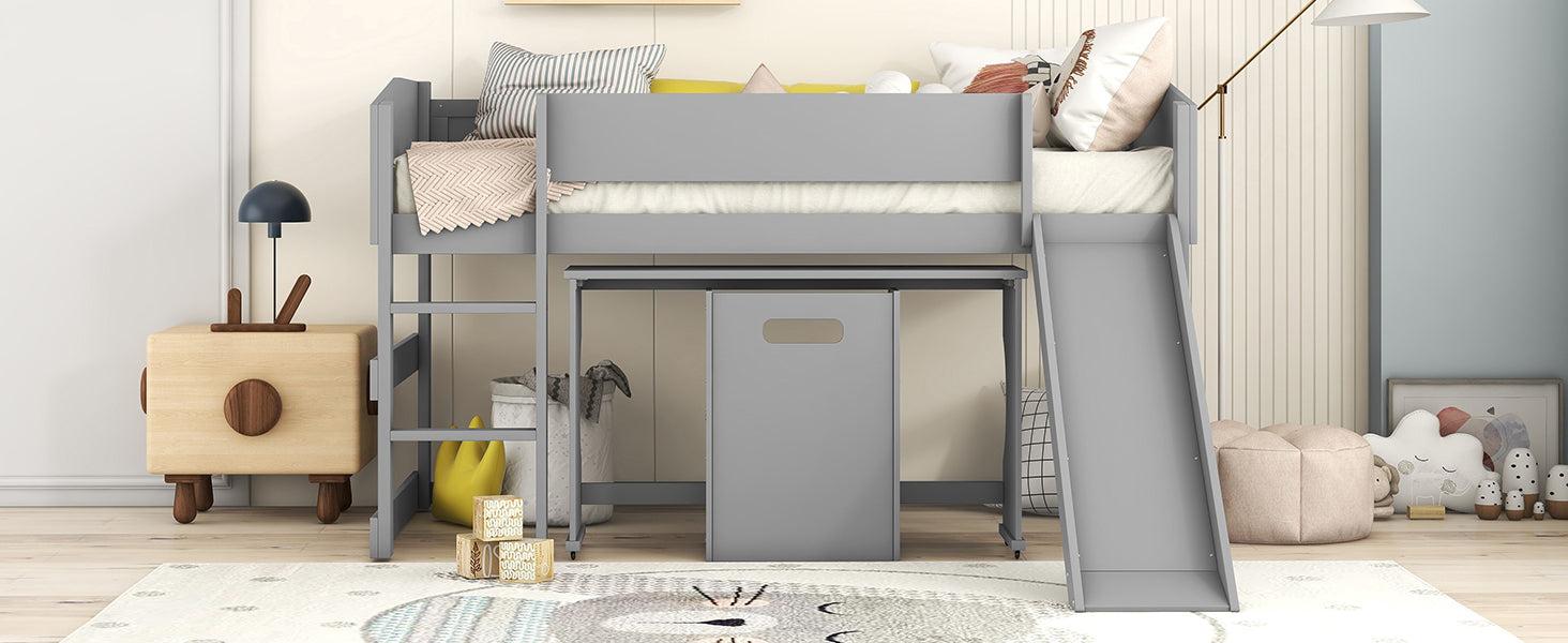 Low Study Twin Loft Bed with Rolling Portable Desk and Chair,Multiple Functions Bed- Gray