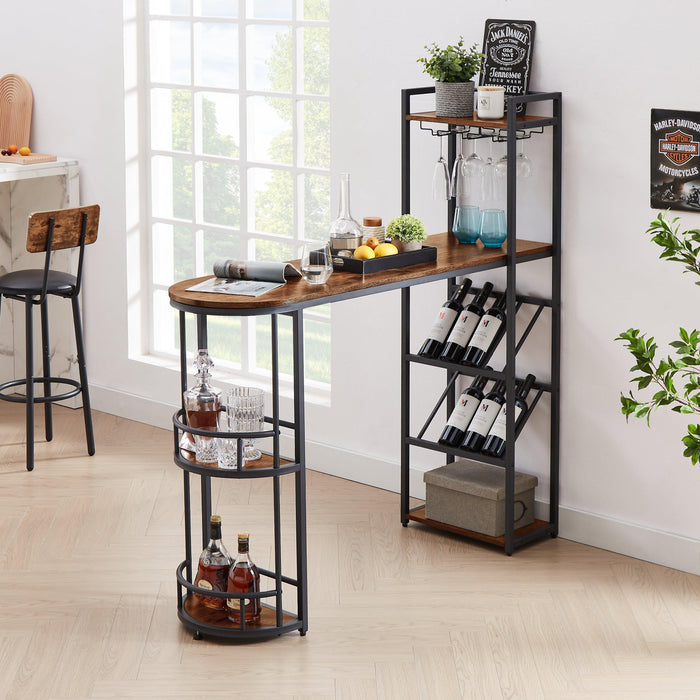 Bar table with bottle holder and glass holder, multifunctional high bar table, can hold 8 bottles of wine and 9 glasses, with sideStorage.(Rustic Brown,53.3’’w x 15.75’’d x 36.4’’h)