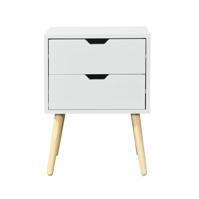 Side Table with 2 Drawer and Rubber Wood Legs, Mid-CenturyModernStorage Cabinet for Bedroom Living Room Furniture, White