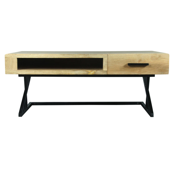 40 Inch Handcrafted Industrial ManWood Coffee Table, 1 Drawer, Metal Frame, Light Brown and Black