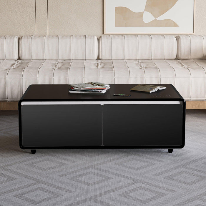 Modern Smart Coffee Table with Built-in Fridge, Bluetooth Speaker, Wireless Charging Module, Touch Control Panel, Power Socket, USB Interface, Outlet Protection, Atmosphere light, and More