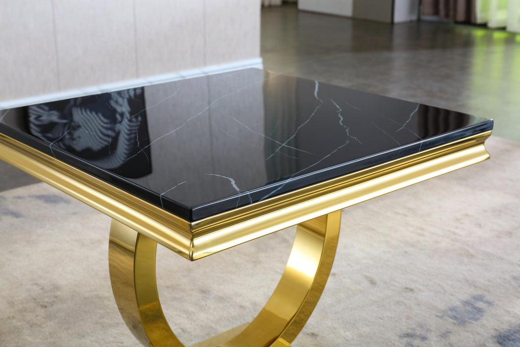 Modern Square Black Marble End Table, 0.71" Thick Marble Top, U-Shape Stainless Steel Base with Gold Mirrored Finish