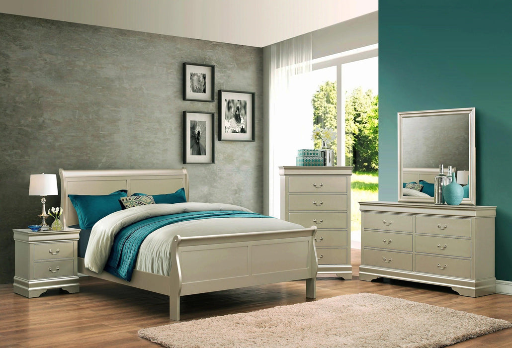 Louis Phillipe Champagne Finish Full Size Panel Sleigh Bed Solid Wood Wooden Bedroom Furniture