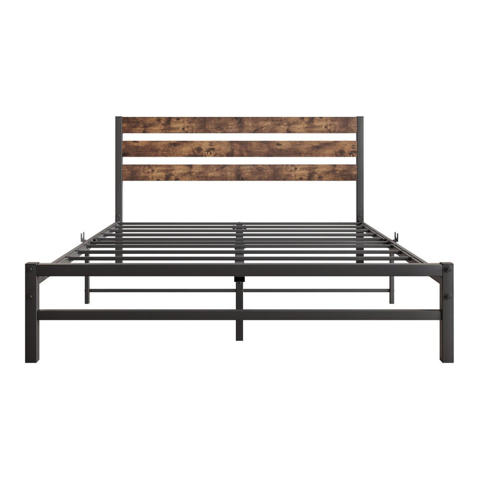 Queen Size Platform Bed Frame with Rustic Vintage Wood Headboard, Strong Metal Slats Support Mattress Foundation, No Box Spring Needed Rustic Brown