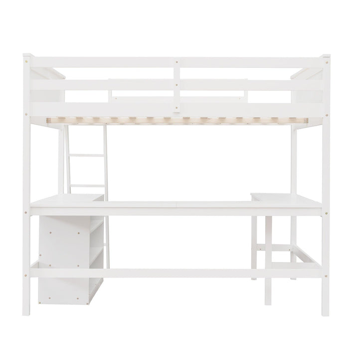 Full size Loft Bed with Shelves and Desk, Wooden Loft Bed with Desk - White