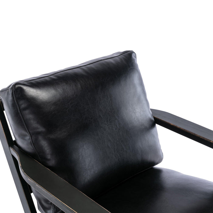 solid wood  black antique painting removable cushion arm chair, mid-century PU leather accent chair