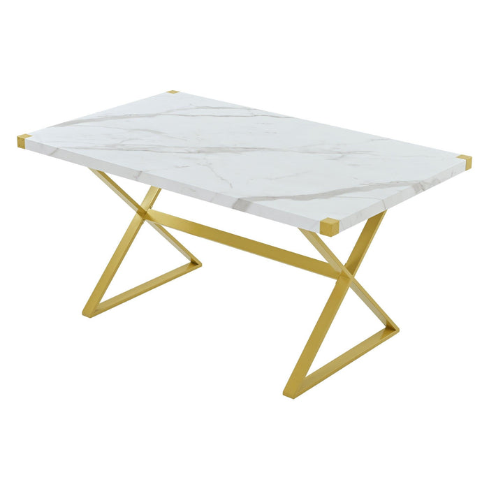 7-PieceModern Dining Table Set, Rectangular Marble Texture Kitchen Table and 6 PU leather Chairs with X-Shaped Gold Steel Pipe Legs for Dining Room (White)