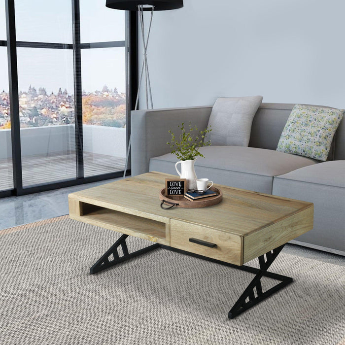 40 Inch Handcrafted Industrial ManWood Coffee Table, 1 Drawer, Metal Frame, Light Brown and Black