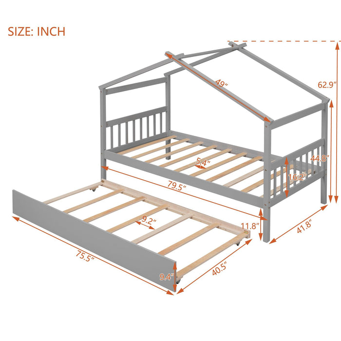 Twin Size Wooden House Bed with Twin Size Trundle, Gray