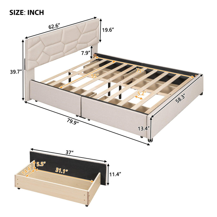 Full Size Upholstered Platform Bed with Brick Pattern Heardboard and 4 Drawers, Linen Fabric, Beige