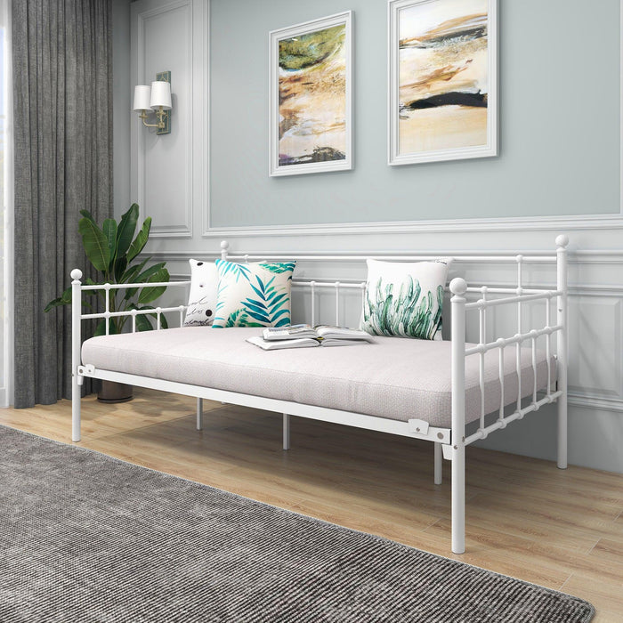 Daybed Frame Twin Size Multifunctional Metal Platform with Headboard Victorian Style, Bed Sofa  for Guest Living Room,  White