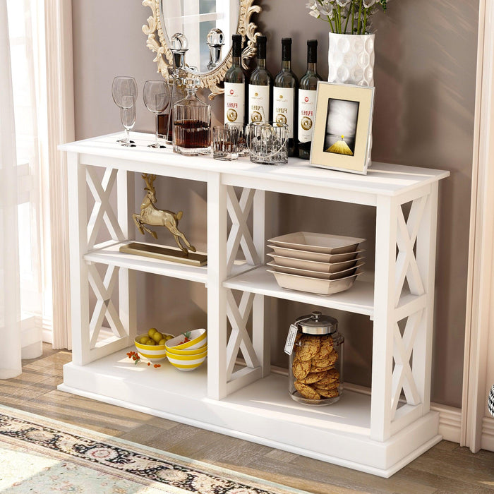 Console Table with 3-Tier OpenStorage Spaces and "X" Legs, Narrow Sofa Entry Table for Living Room (White)