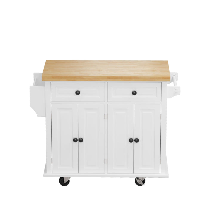 Kitchen Island Cart with TwoStorage Cabinets and Two Locking Wheels，43.31 Inch Width，4 Door Cabinet and Two Drawers，Spice Rack, Towel Rack （White）