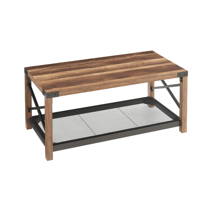 38.82" Farmhouse Coffee Table, 2-Tier Cocktail Table, Center Table with Mesh Shelf, Steel Frame, Corner Protection, Industrial Style, Long Table For Living Room, Brown