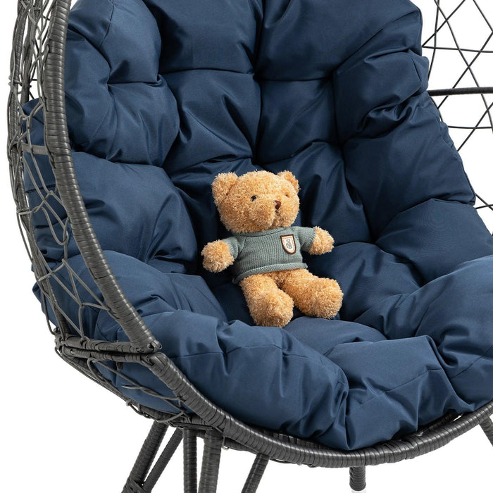 Outdoor Patio Wicker Egg Chair Indoor Basket Wicker Chair with Navy Cusion for Backyard Poolside