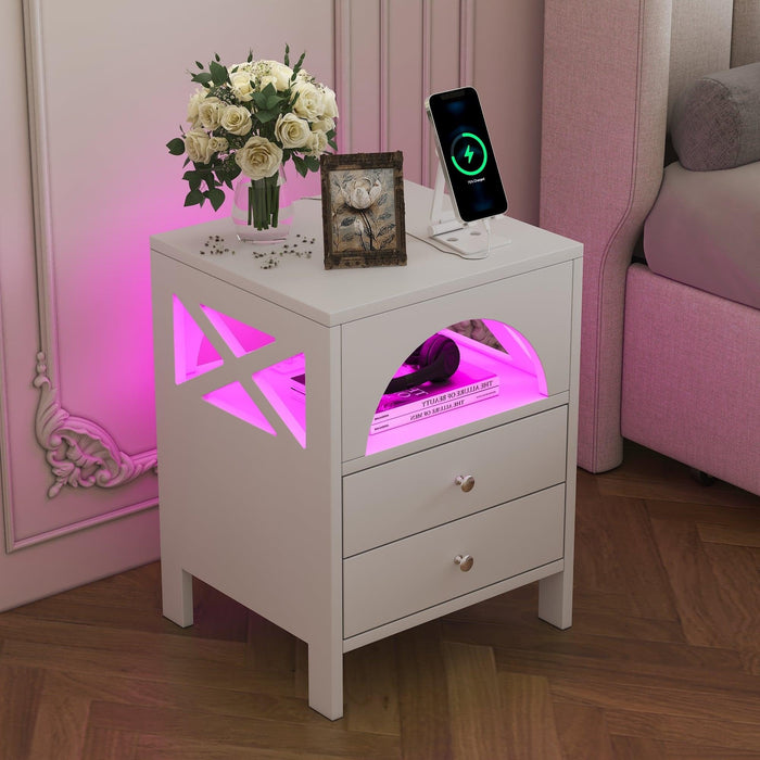 Nightstand with USB Charging Ports and LED Lights,End Table with 2 Drawers and Shelf,White