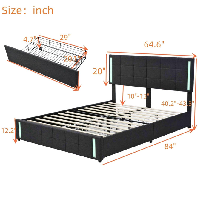 Queen Size Upholstered Platform Bed with LED Lights and USB Charging,Storage Bed with 4 Drawers, Dark Gray