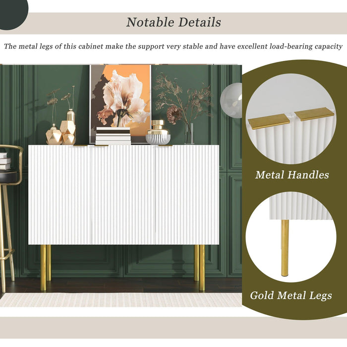 Modern Simple & Luxury Style Sideboard Particle Board & MDF Board Cabinet with Gold Metal Legs & Handles, Adjustable Shelves for Living Room, Dining Room (White)