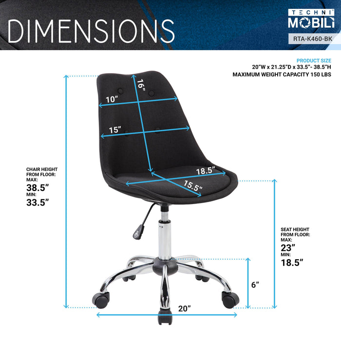 Techni Mobili Armless Task Chair with Buttons, Black