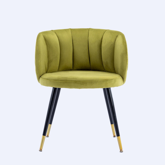 Olive Green Velvet lounge chair, black metal feet, unique back design, suitable for office, living room, bedroom