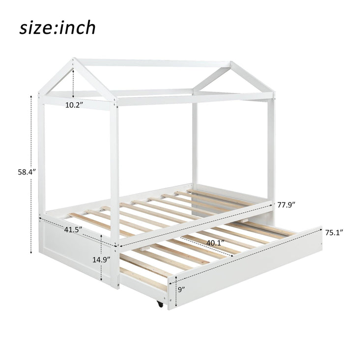 House Bed with Trundle, can be Decorated,White