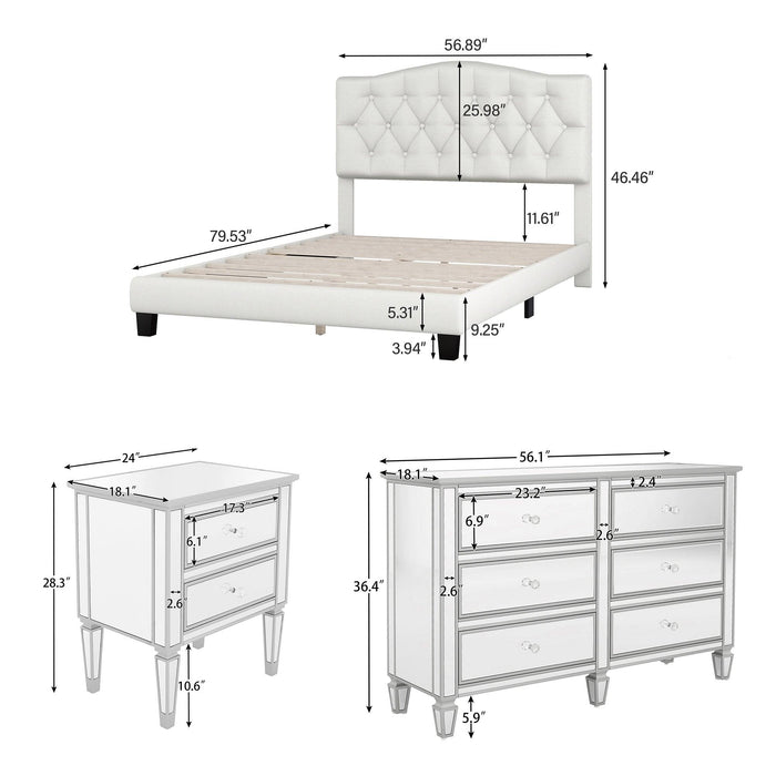 Elegant 3 Pieces Bedroom Set Full Upholstered Curved Tufted Linen Platform Bed Frame with Mirrored Silver Finished Nightstand and Dresser