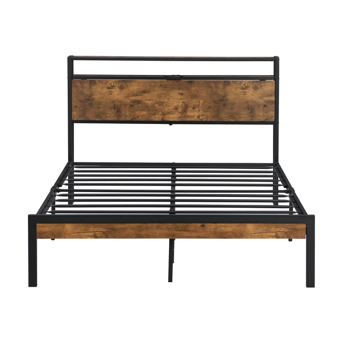 Queen Size  Metal Platform Bed Frame with Wooden Headboard and Footboard with USB LINER, No Box Spring Needed, Large Under BedStorage, Easy Assemble